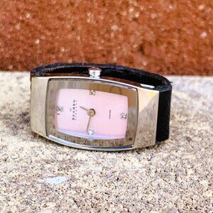 Skagen Silver/Pink MOP/Diamond Custom Black Leather Band Watch Ring Sz 9 US